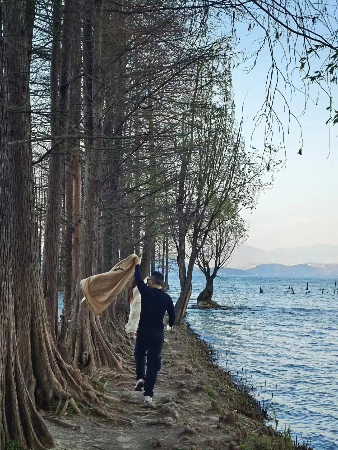 张桐宇和许琬苓沿着大理湖边树林散步